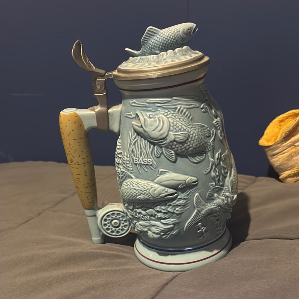 Avon Decorative Fish Themed Ceramic Stein in Blue Gray